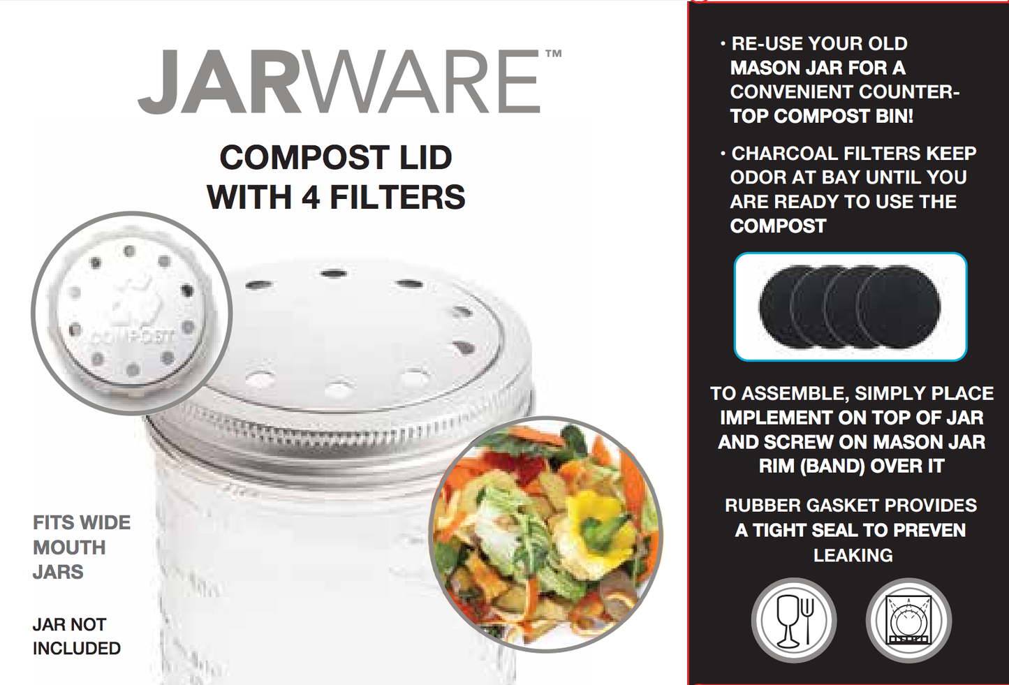 Jarware Compost Lid for Wide Mouth Mason Jar, Set 4